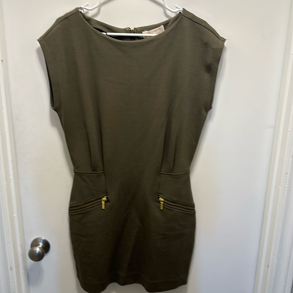 MICHAEL KORS Olive Green Cap Sleeves Gold Hardware MIDI Dress, Size 12
